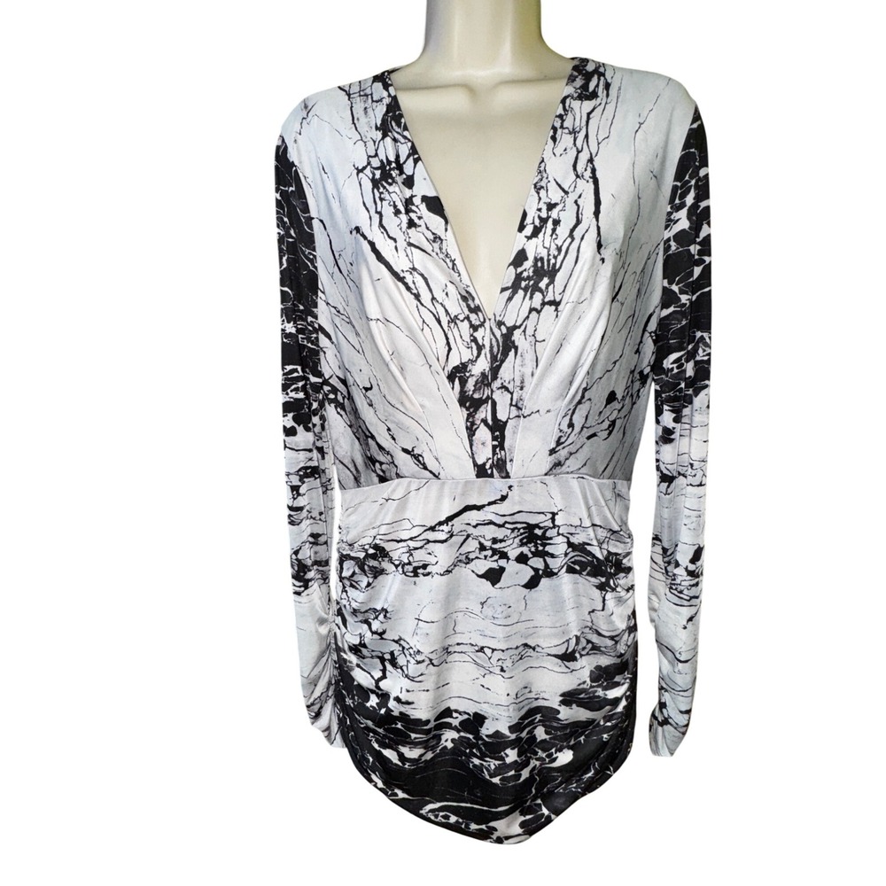 Sexy Bebe Black & White Marble Print Ruched Long Sleeve Shirt Large Y2K Sexy Top
